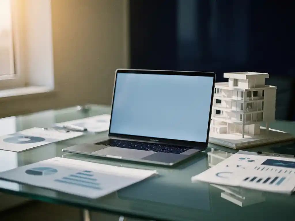 Laptop op glazen bureau verlicht zakelijke documenten en een architectuurmodel in blauw en amberkleurig licht.